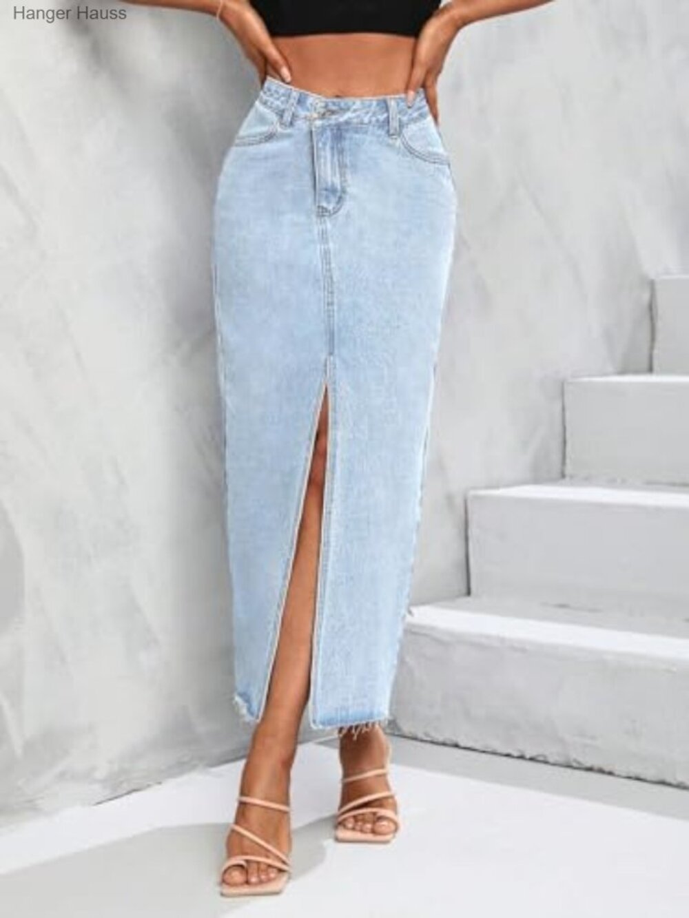 High Waist Stretch Maxi Denim Skirt Front Split Frayed Raw Hem A Line - Picture 6 of 7